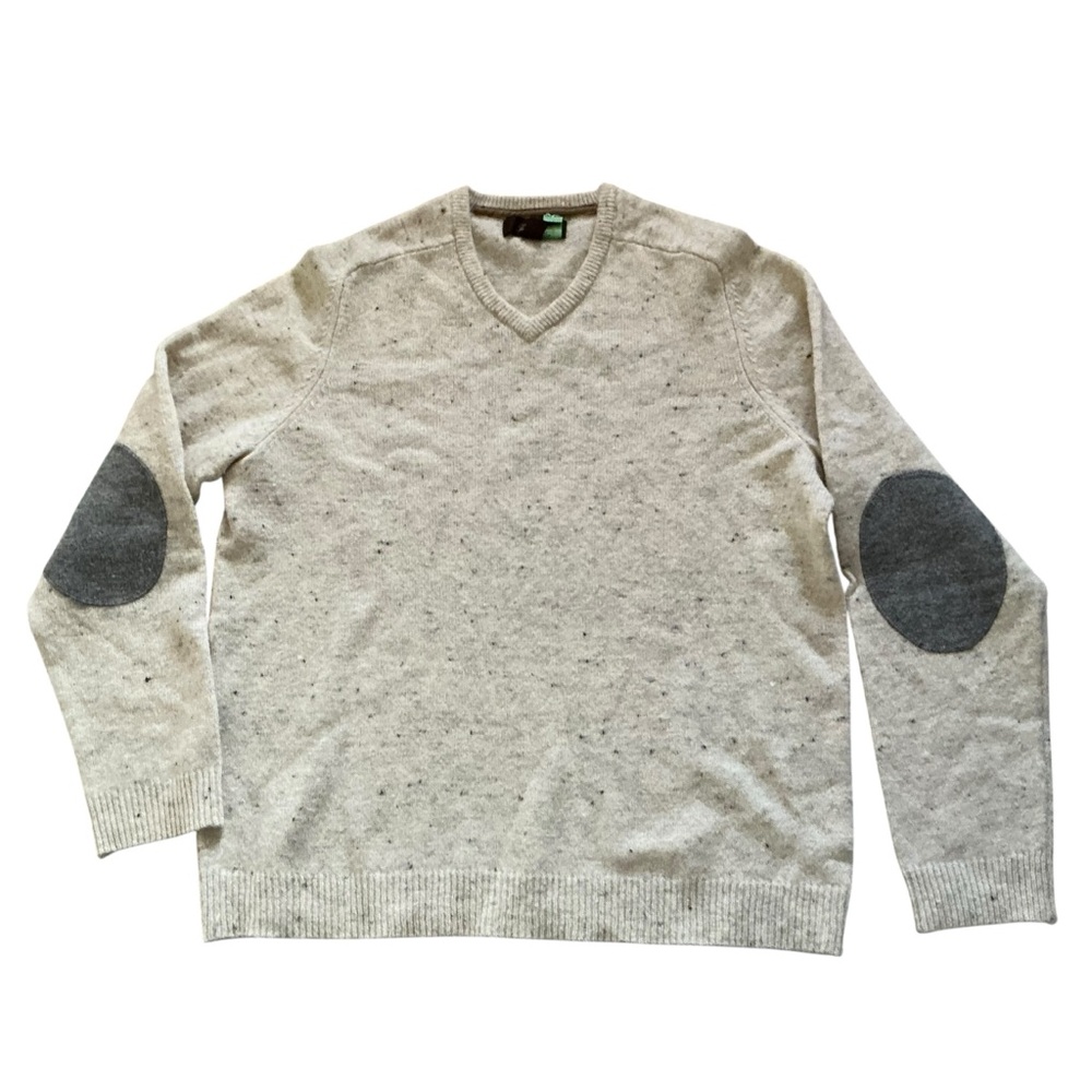 Vintage Tasso Elba men’s Lambswool v-neck sweater patched elbows beige speckled